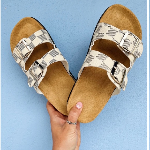 Shoes | Plaid White Buckle Sandals | Poshmark